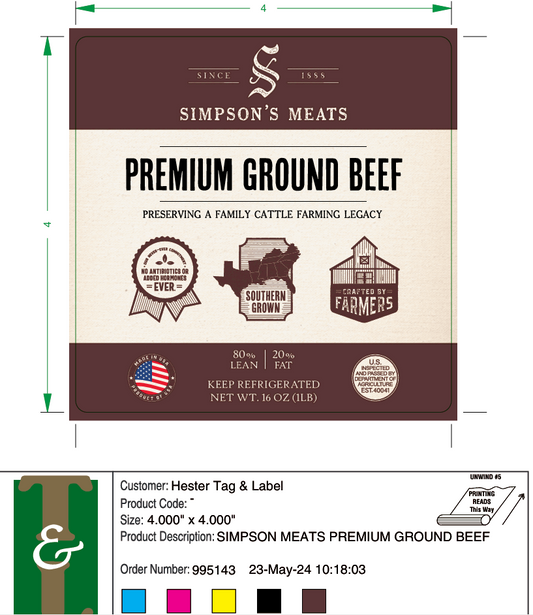 Simpson's Premium Ground Beef Labels - Front and Back -- EST. 40041