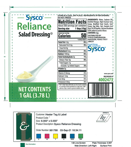 4002473 - Sysco Reliance Salad Dressing Gallon - 5,000 Labels/Case
