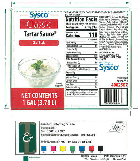 4002507 - Sysco Classic Tartar Sauce 1 Gallon - 5,000 Labels/Case