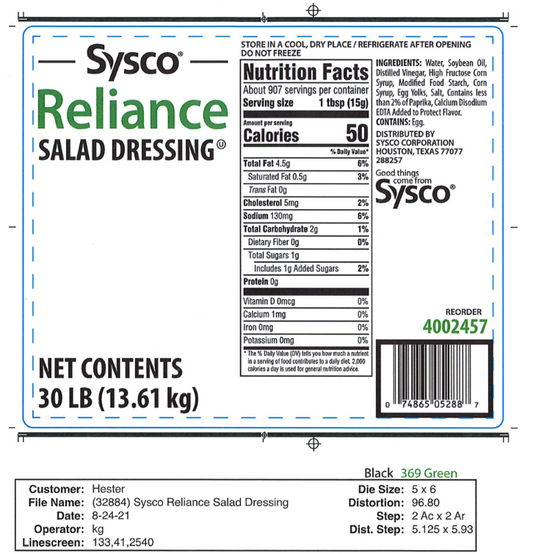 4002457 - Sysco Reliance Salad Dressing 30 LB - 5,000 Labels/Case