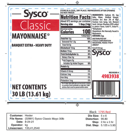 4983938 - Sysco Banquet Extra HD Mayo Pail Label 30 LB - 5,000 Labels/Case