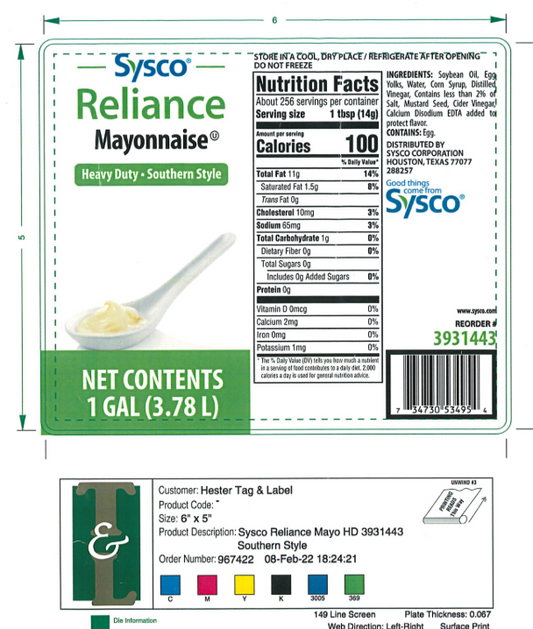 3931443 - Sysco Reliance HD Southern Style Mayo 1 Gallon - 5,000 Labels/Case