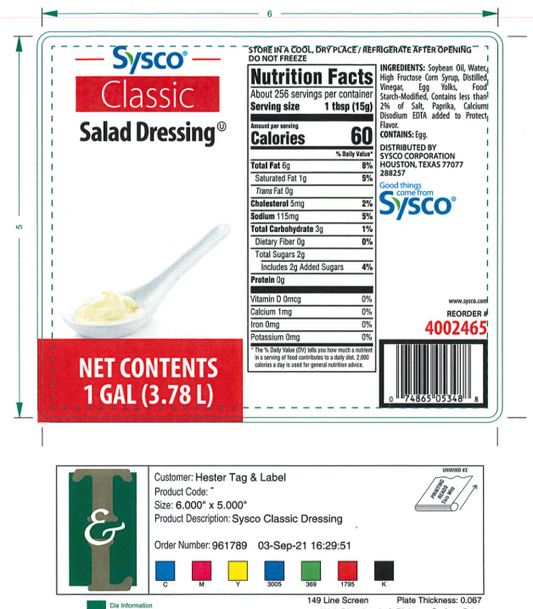 4002465 - Sysco Classic Salad Dressing 1 Gallon - 5,000 Labels/Case