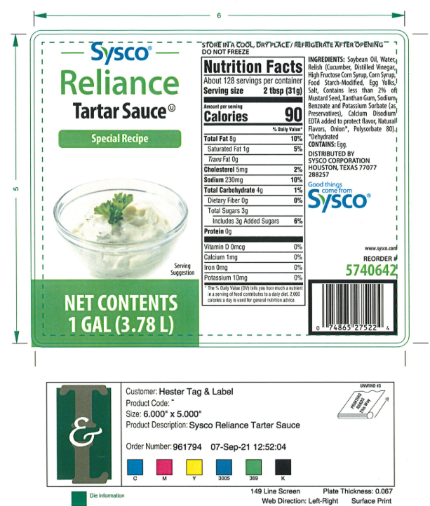 5740642 - Sysco Reliance Tartar Sauce 1 Gallon - Special Recipe - 5,000 Labels/Case