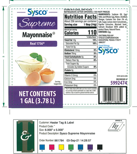 5992474 - Sysco Supreme Mayo 1 Gallon - Real 1756 - 5,000 Labels/Case
