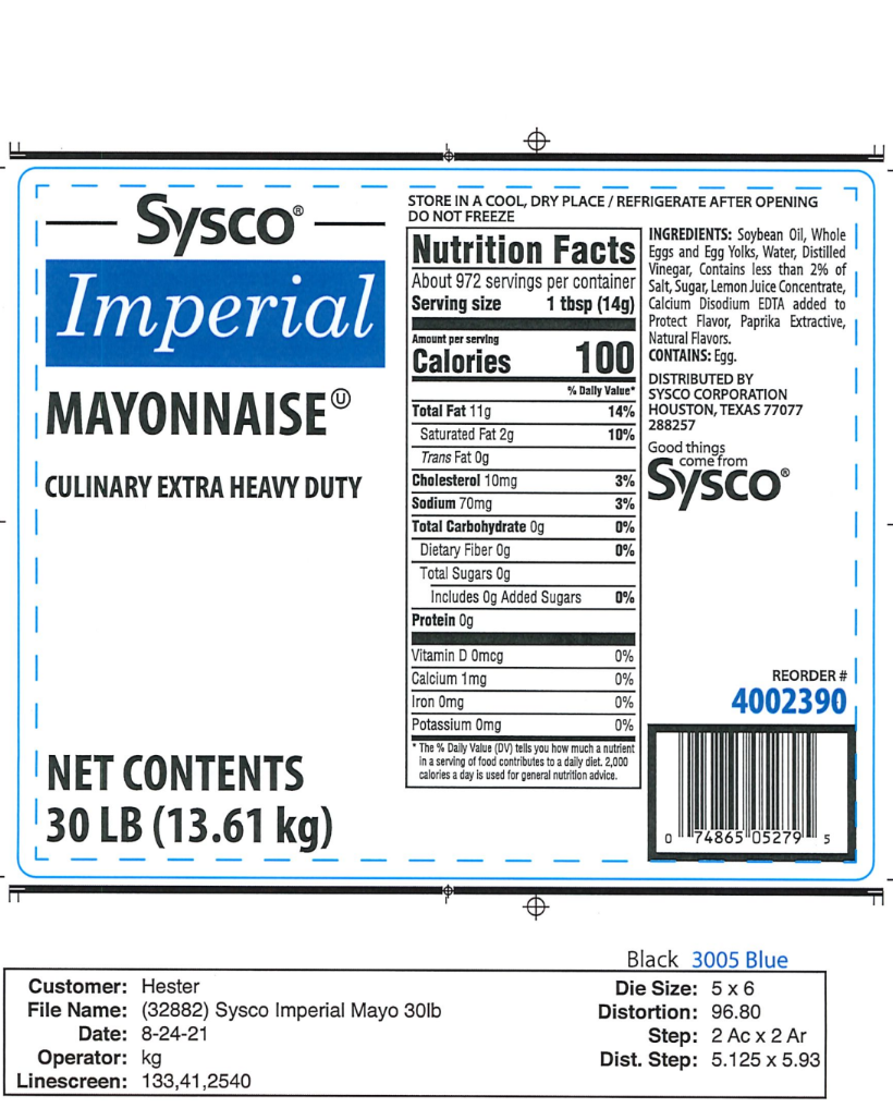 4002390 - Sysco Imperial Mayo Culinary Extra HD 30# - 5,000 Labels/Cas ...