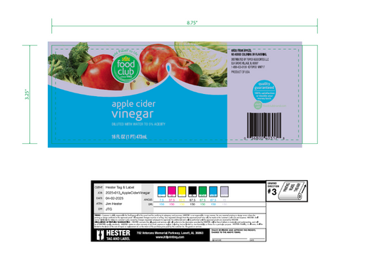 L-FC1029-PS - Food Club Apple Cider Vinegar 16 oz - 2,500 Labels/Roll